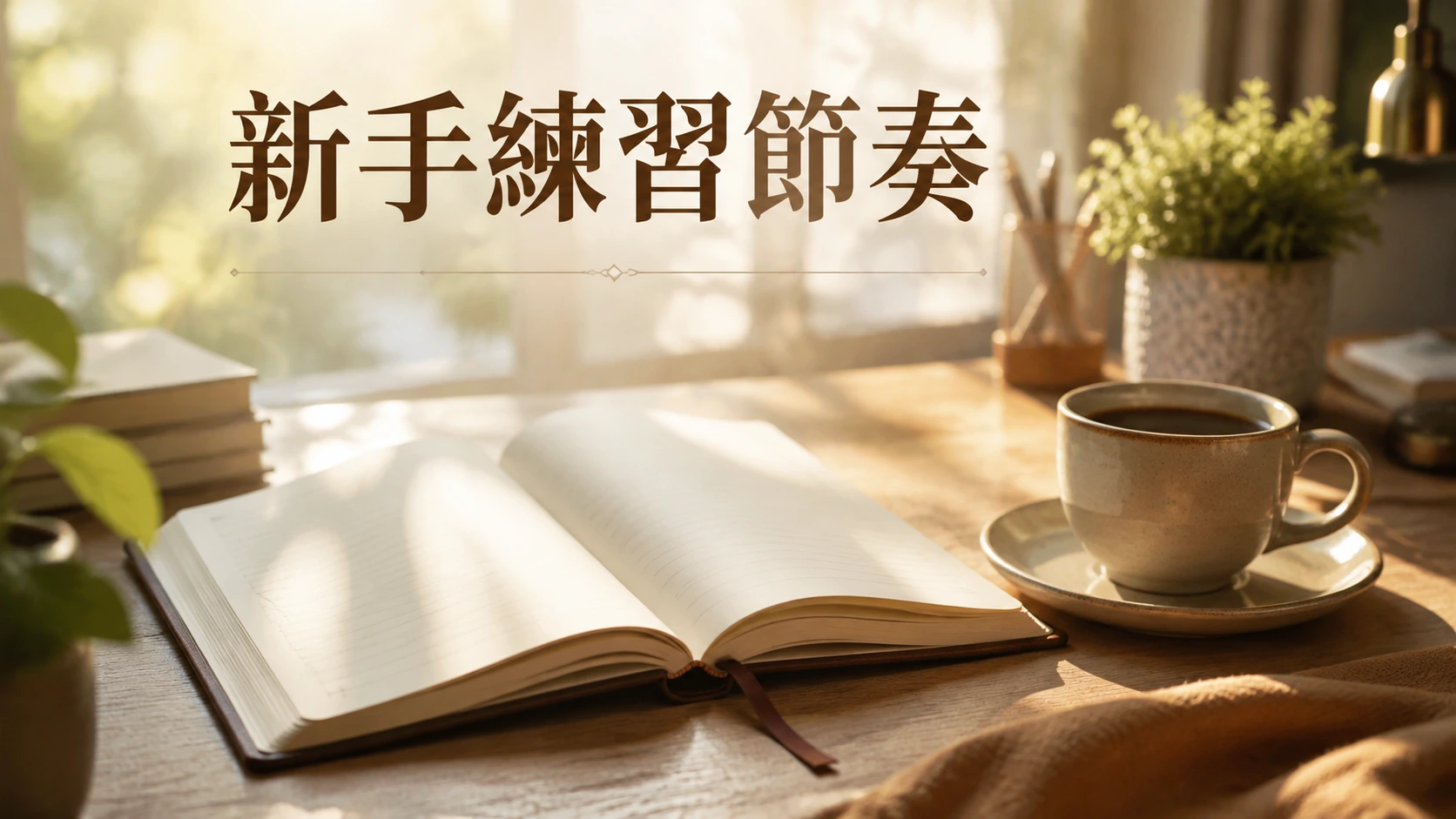 桌上放著一本翻開的筆記本與一杯咖啡