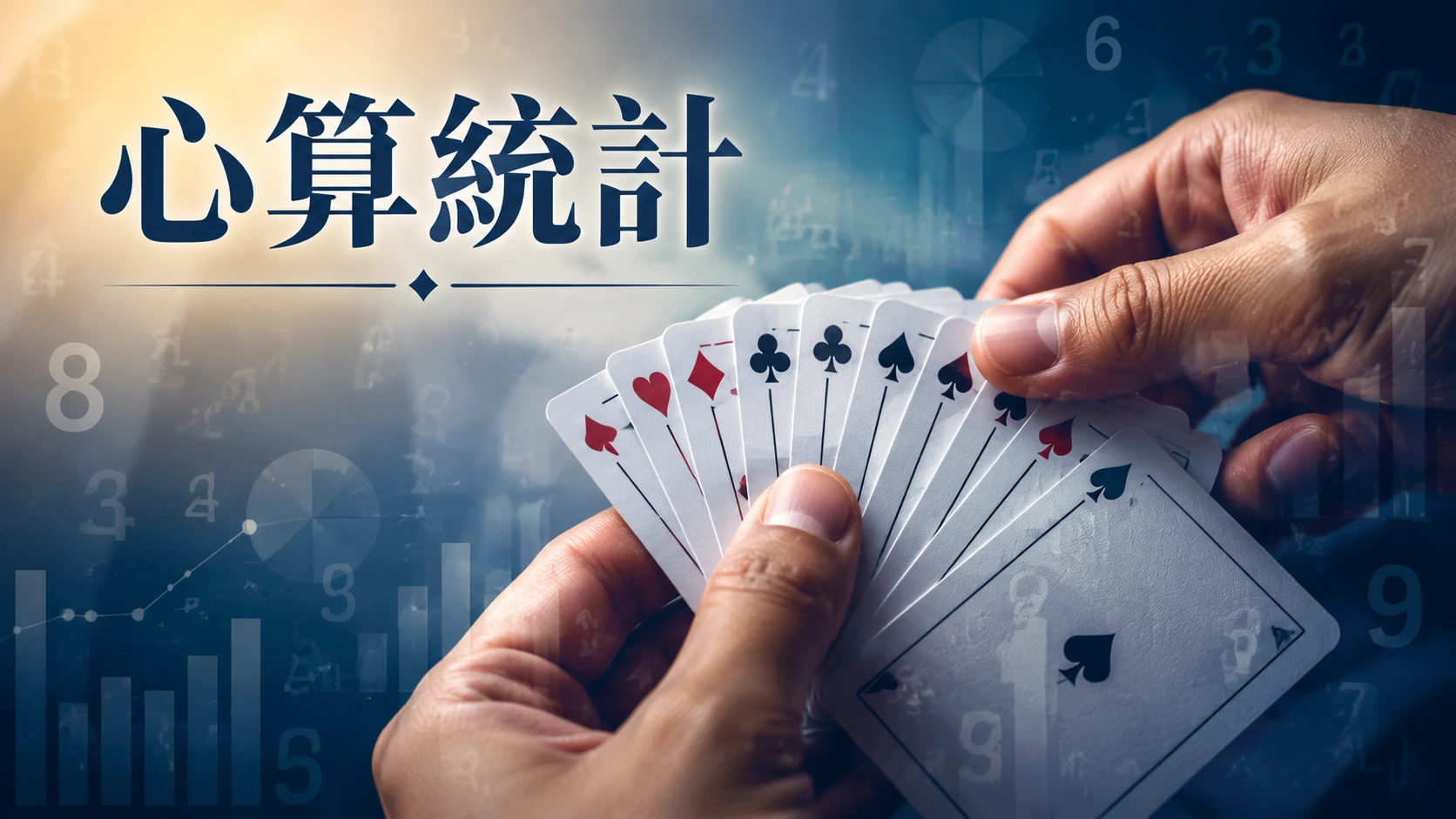 手部特寫排列撲克牌成扇形，背景有淡淡的數字疊影