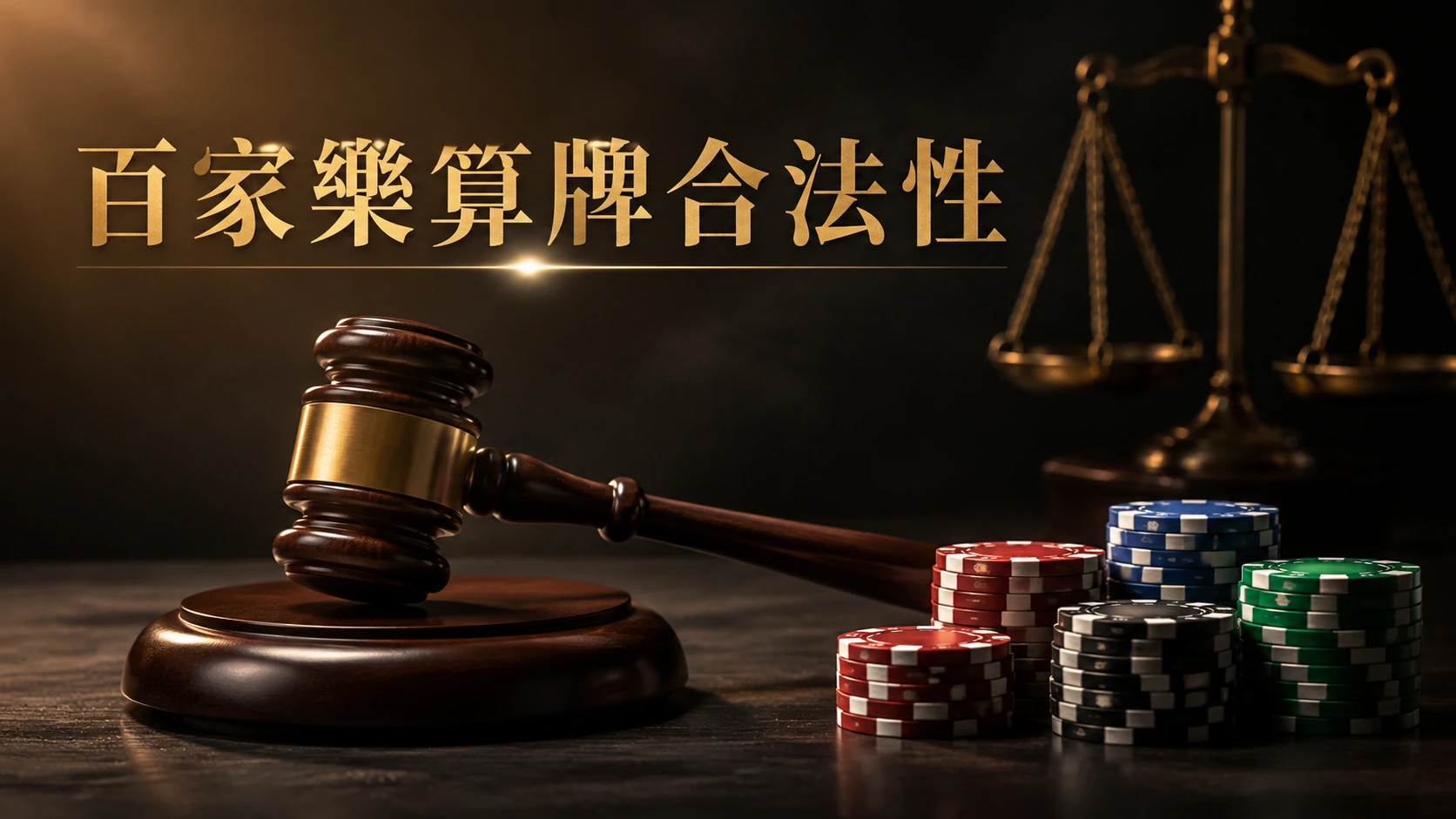 木槌與一疊籌碼並排放在深色桌面上