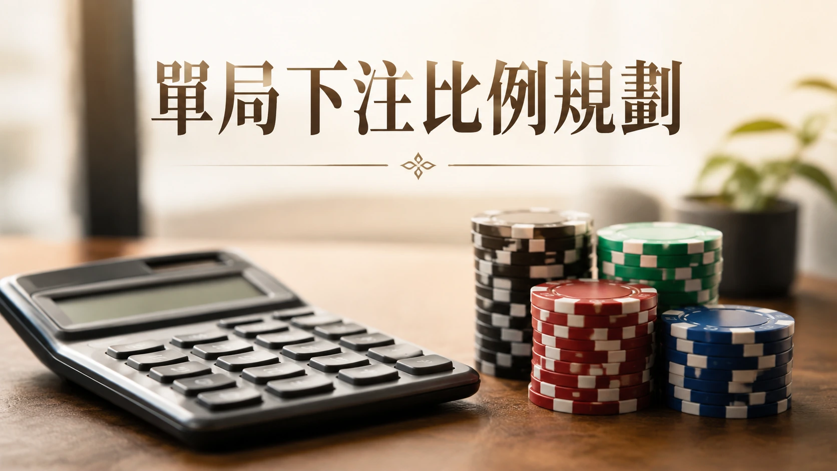 計算機與一疊籌碼並排放在桌上