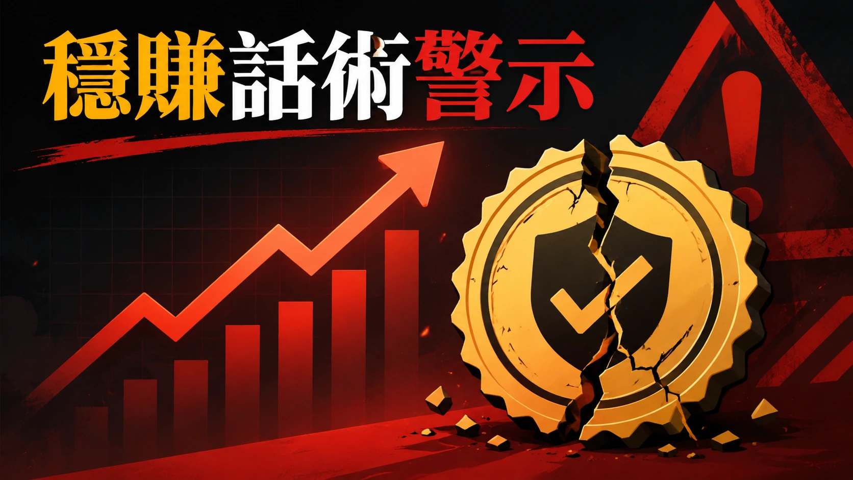 上升箭頭圖表旁邊放著一個裂開的保證標章