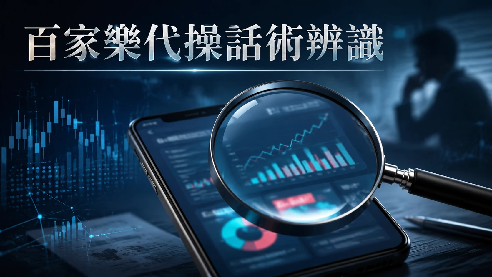 手機畫面顯示模糊的獲利截圖與放大鏡