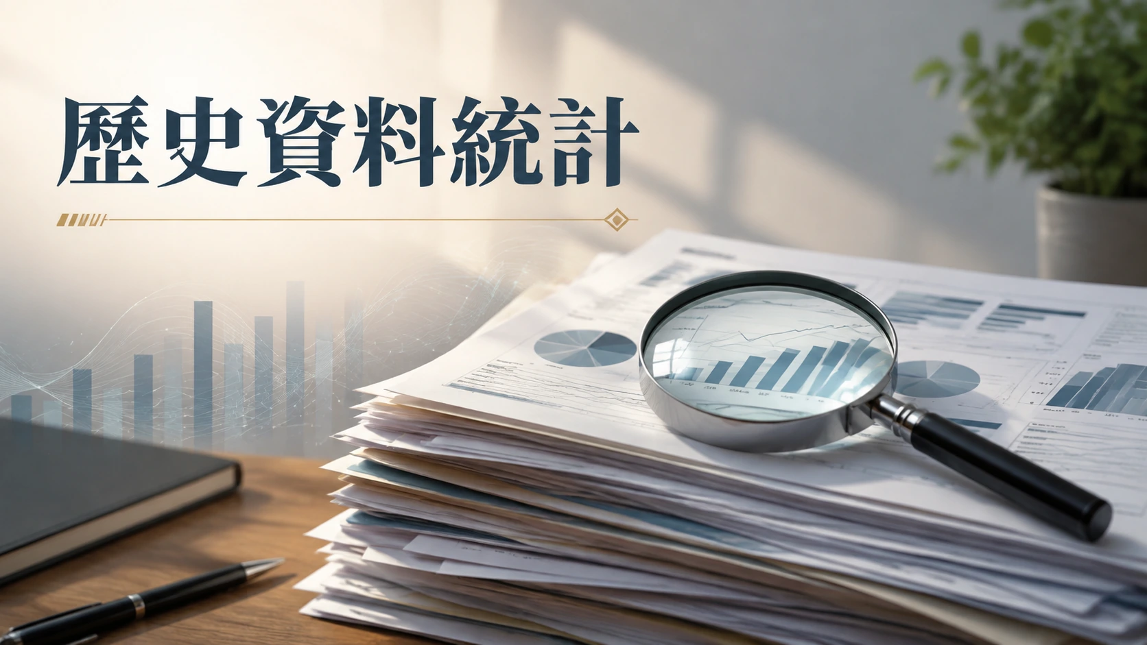 一疊紙本報表與一支放大鏡並排在桌上