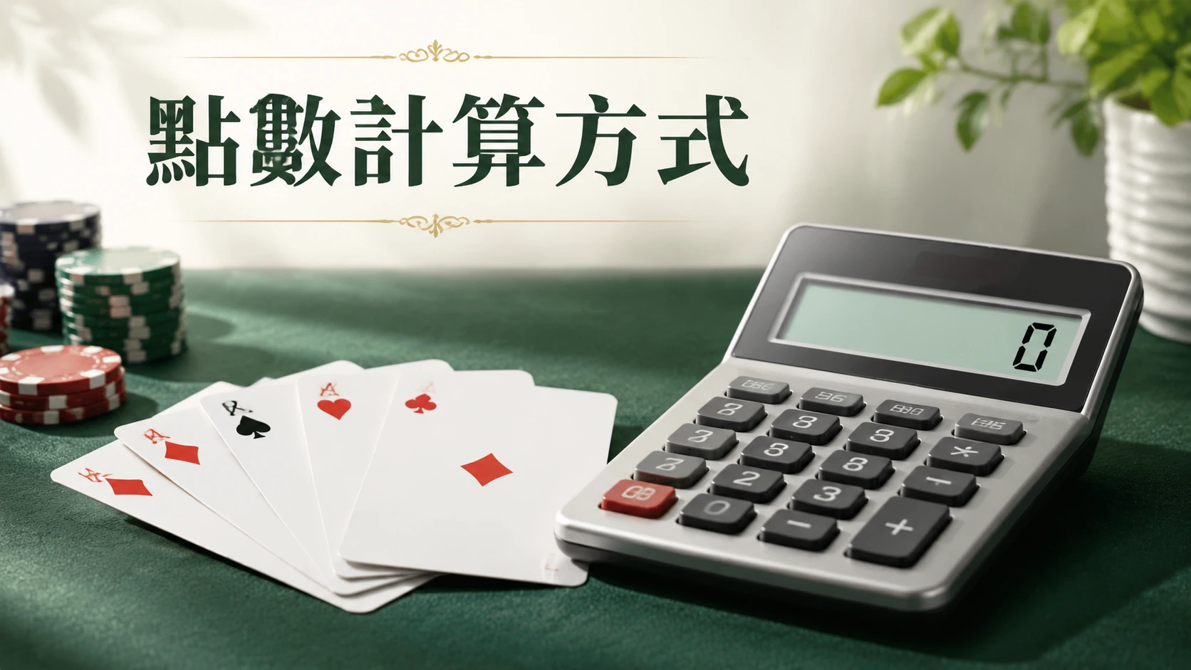 撲克牌與一個顯示個位數的計算機並排