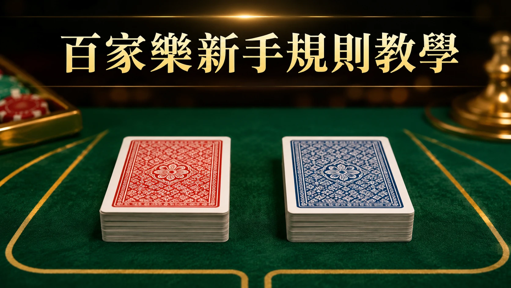 牌桌上並排放著兩疊撲克牌代表莊家與閒家