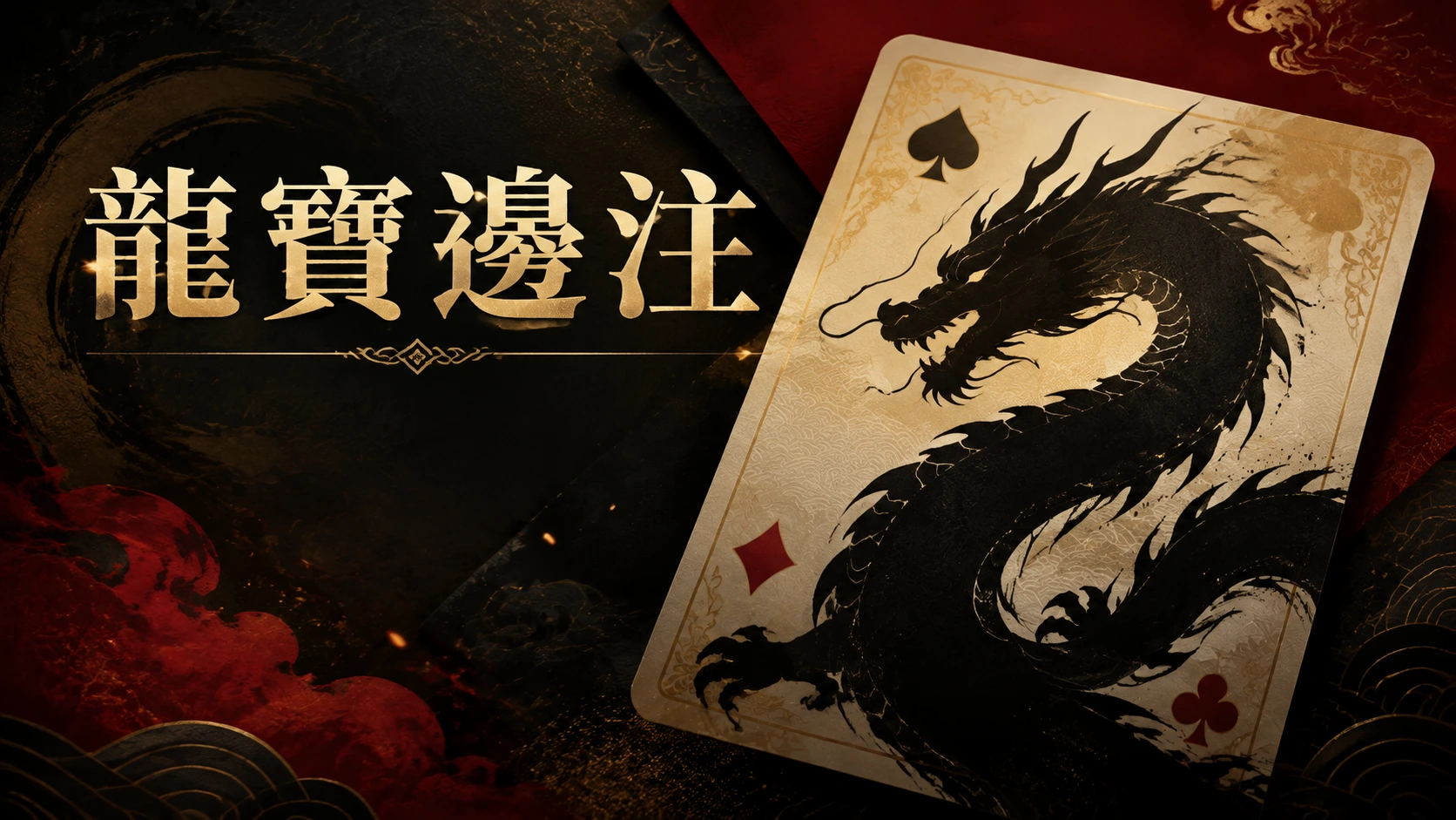 撲克牌上疊著一個龍形圖案剪影